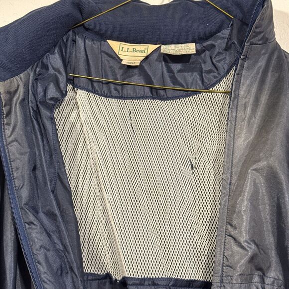 LL Bean Men L Windbreaker Jacket Hood Zip Pockets Blue Vent Back Vintage Patches - Picture 8 of 8